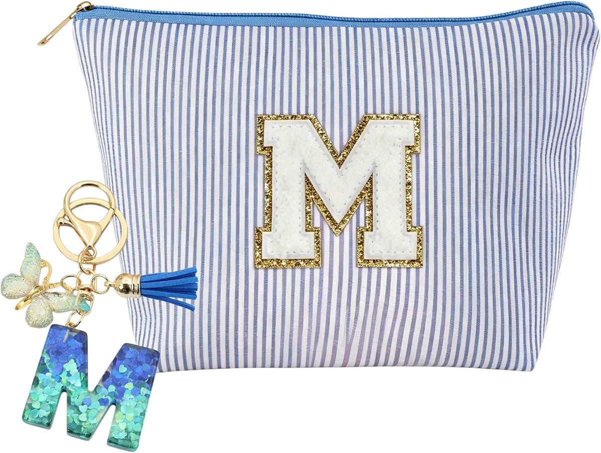 Make-uptas voor meisjes en vrouwen, make-uptas en sleutelhanger met initialen, gepersonaliseerd cadeau voor moeders, vriendinnen en zussen, blauw, blauw, M