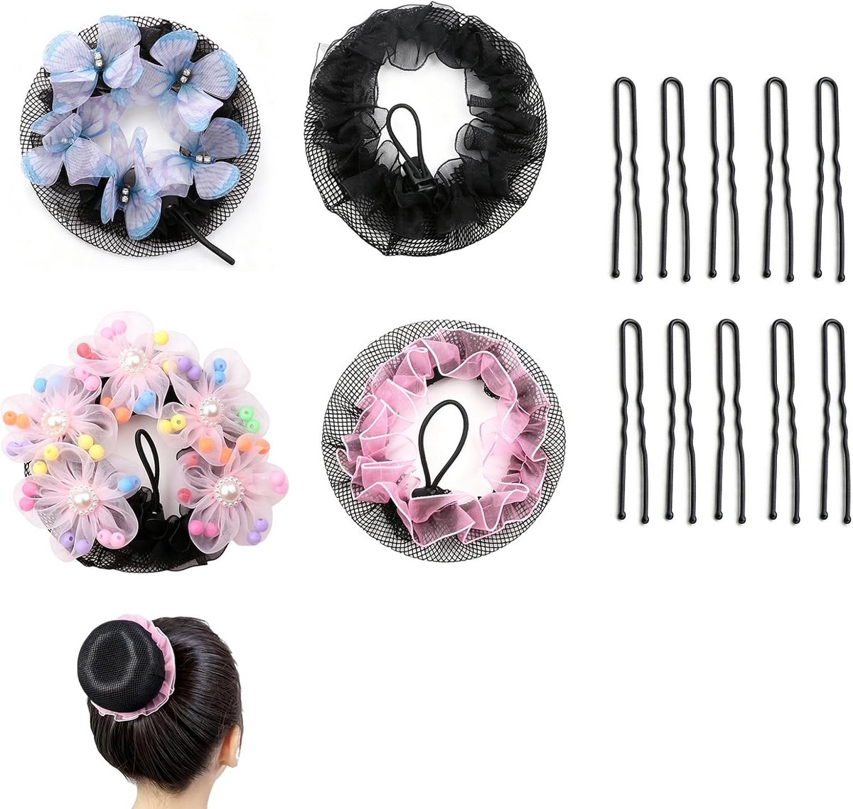 4 stuks ballet haarnetjes met 10 haarspelden, knotnetten in zwart, roze, bloem en vlinder design met trekkoord, haarnet voor dans, school, werk en podium