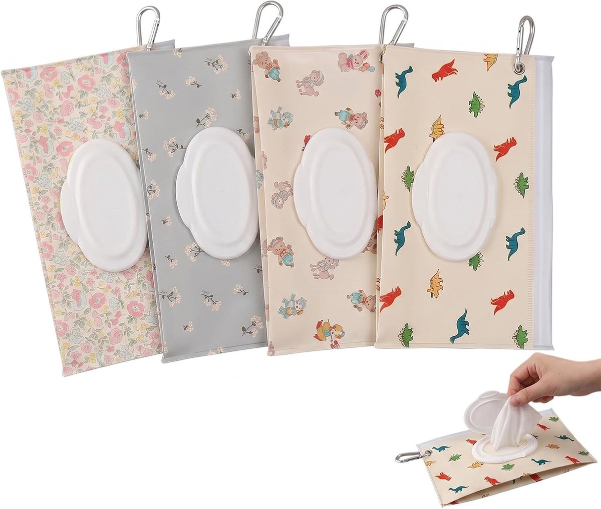 Houder voor vochtige doekjes, 4 stuks, draagbaar, voor babydoekjes met riem en klapsluiting, waterdichte dispenser voor luiertassen en reizen, 4 motieven