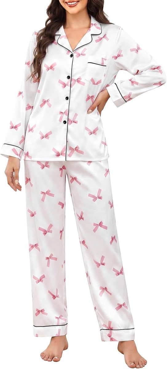 Pyjama voor dames, satijn, lang, tweedelig, zijde