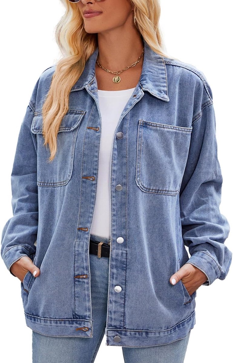 Retro casual denim jas oversized knoop top lange mouwen losse revers gewassen denim shacket mantel mantel