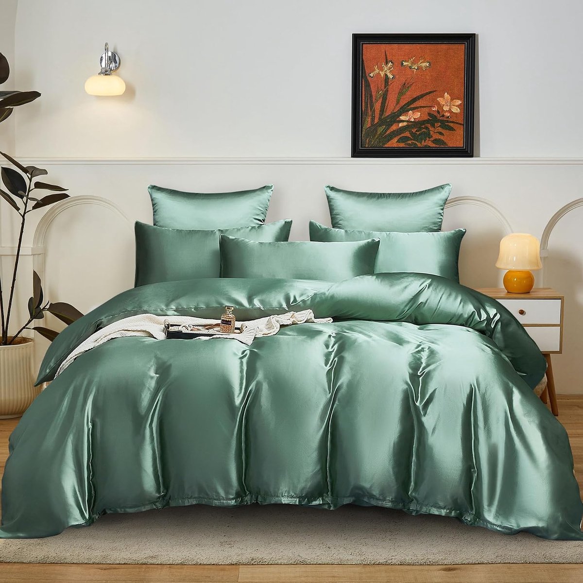 Beddengoed, 200 x 200 cm, groen-grasgroen, effen, satijn, glanzend, glad, luxe dekbedovertrekset, zacht, zijdeachtig, 3-delig, met ritssluiting en 2 kussenslopen 80 x 80 cm