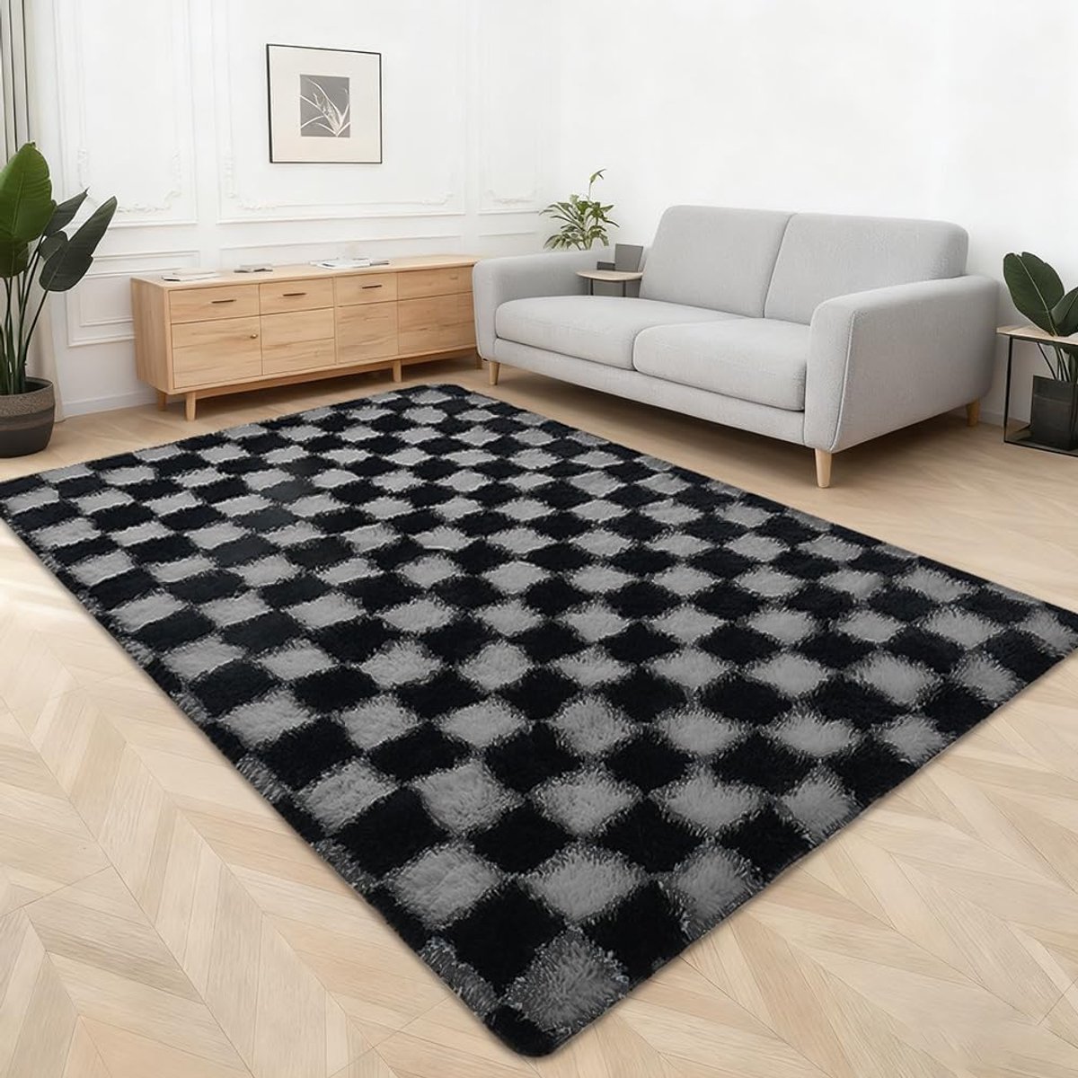 Hoogpolig, tapijt voor de woonkamer, wasbaar, antislip, extra groot, pluizig voor slaapkamer en kinderkamer (zwart/grijs)