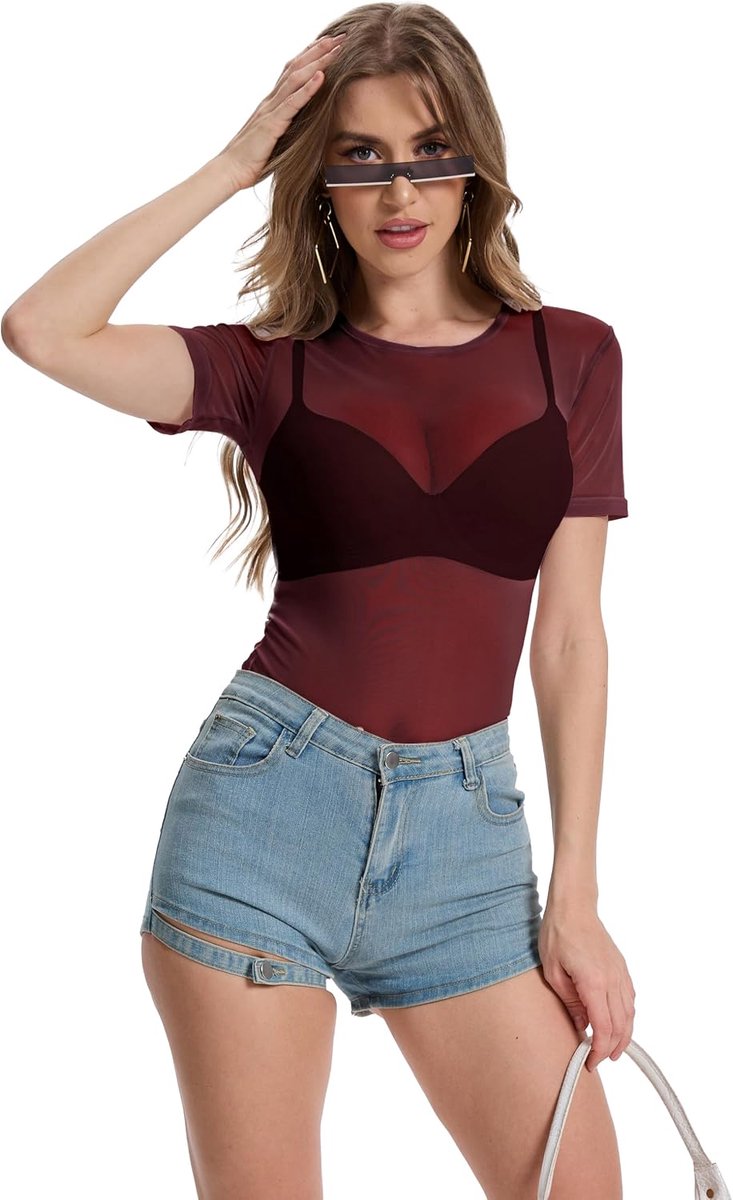 Mesh Oberteil Sexy Netzoberteil Kurzarm，Frauen Party Transparente Oberteil, Damen Schwarze Durchsichtiges Shirt Rundhalsausschnitt