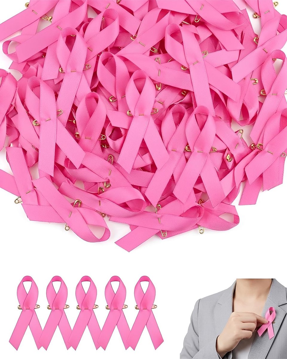 150 roze satijnen linten oktober 7,5 x 4 cm broche roze polyester band met veiligheidsspeld decoratief accessoire voor evenementen voordelen bij borstkanker