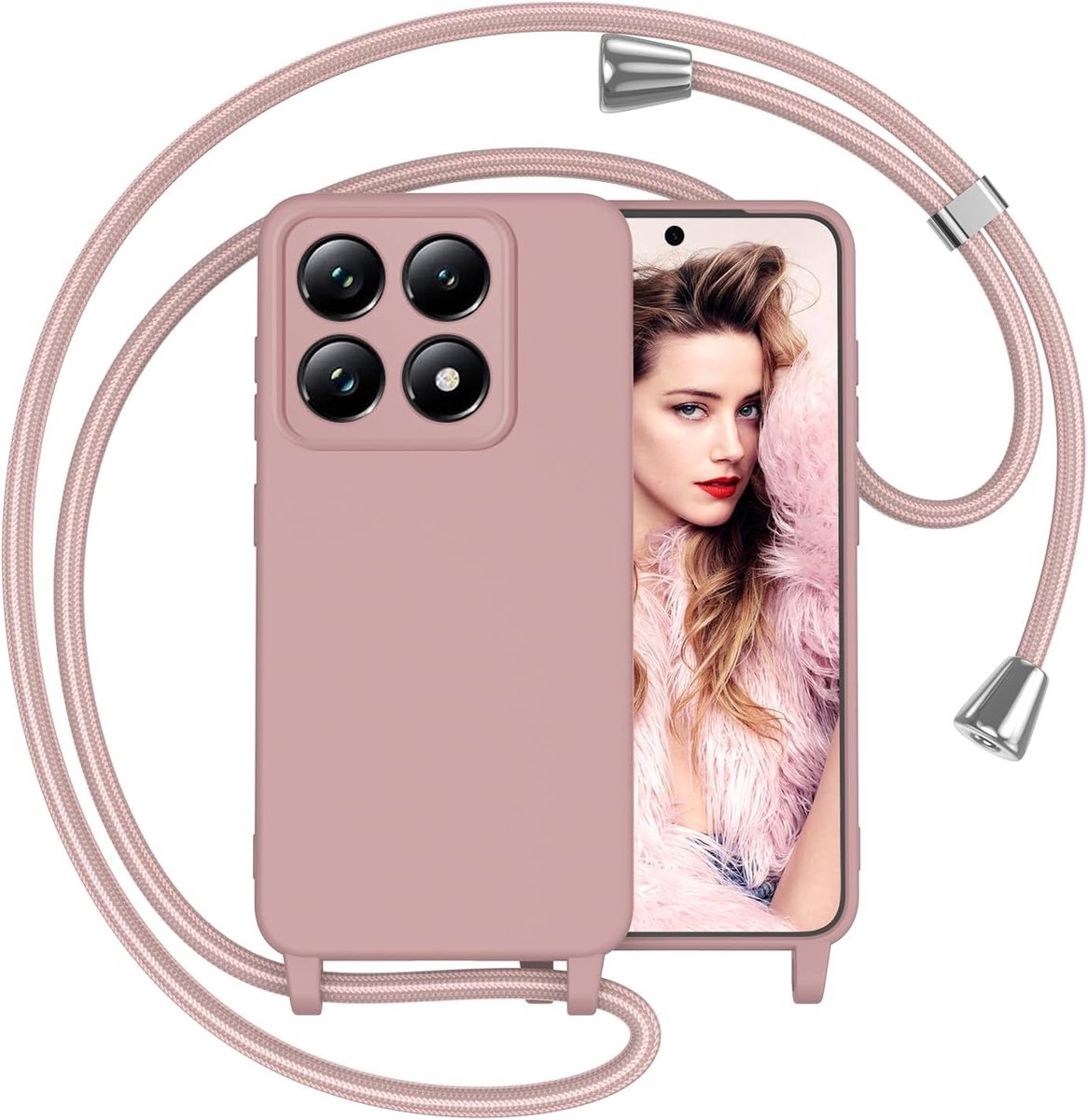 Telefoonhoesje met koord voor Xiaomi 14T Pro, schokbestendige beschermhoes met ketting, siliconen hoes voor Xiaomi 14T Pro 5G, roze