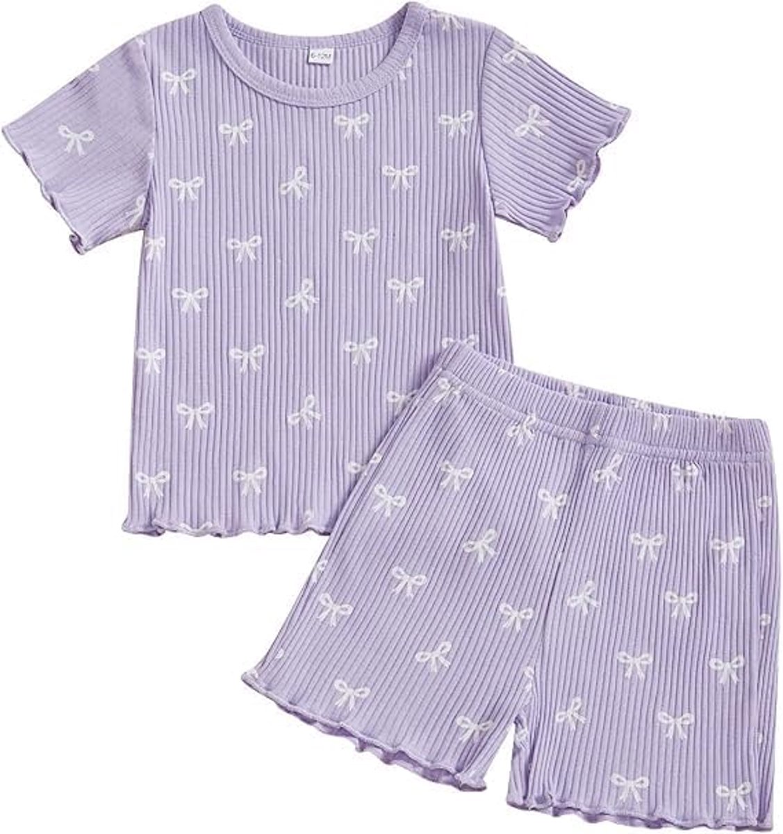 Babykleding voor kleine meisjes, zomerkleding, ruches, geribbeld, gebreid, korte mouwen, schattige strik, T-shirt, top en short, lila, 12-18 Maanden