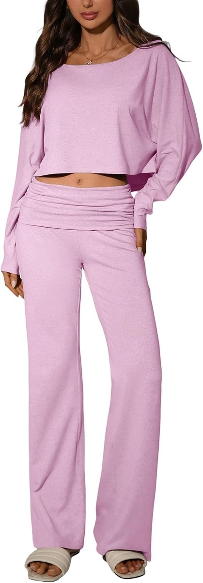 2-delige loungeset voor dames, lange mouwen, off-shoulder top en broek met wijde pijpen, zachte, rekbare outfit voor thuis en op reis