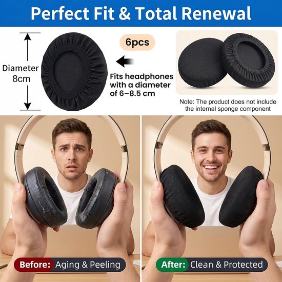Hoofdtelefoonbescherming en hoes, 6 stuks rekbare en wasbare gebreide stoffen afdekkingen voor 6 tot 8 cm headsets, herbruikbare hoes ter bescherming tegen vuil (zwart) — afbeelding 4