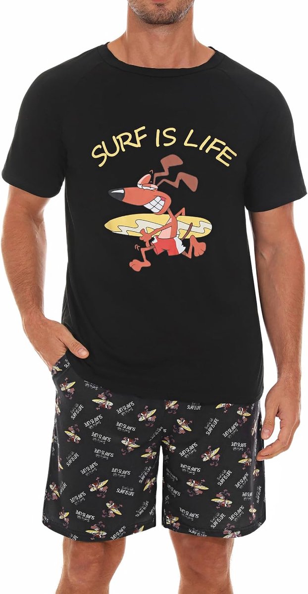 Pyjama heren katoen lichte pyjama heren met print korte pyjama heren met korte mouwen pyjama heren zomer tweedelige pyjama met trekkoord en broekzakken