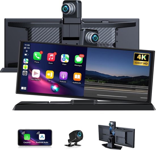 11,3 inch CarPlay Android Auto-scherm met staande houder, 350° draaibaar 4K Dashcam Buddy-scherm, draagbare DrivePlay-autoradio, dubbele Bluetooth-navigatieapparaten, Siri G-oogle 64G TF-kaart