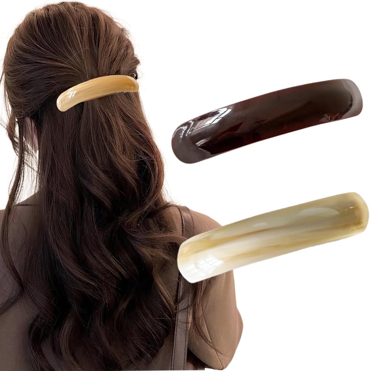 2 stuks Franse haarspelden voor dames, dun haar, automatische haarspeld, groot voor middeldik haarclips (barnsteen, groen) (donkerbruin, beige)
