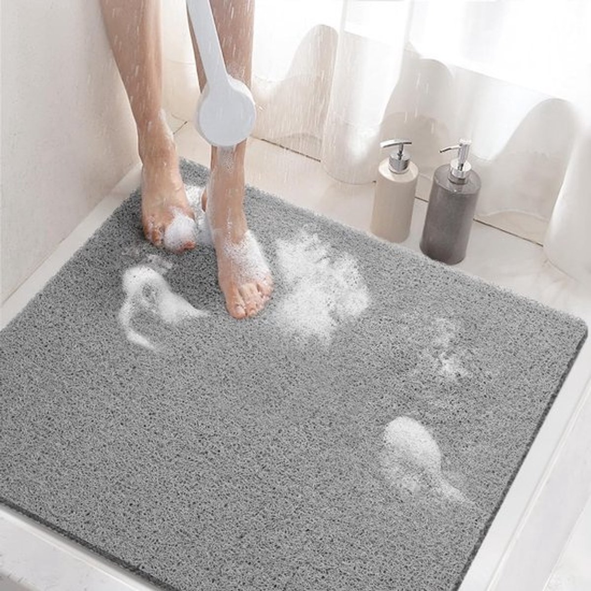Douchemat - 60 x 60 cm (Vierkant) - Polyvinylchloride (PVC) - antislip - zachte luffa - met afvoer - sneldrogend - Kleur : Grijs