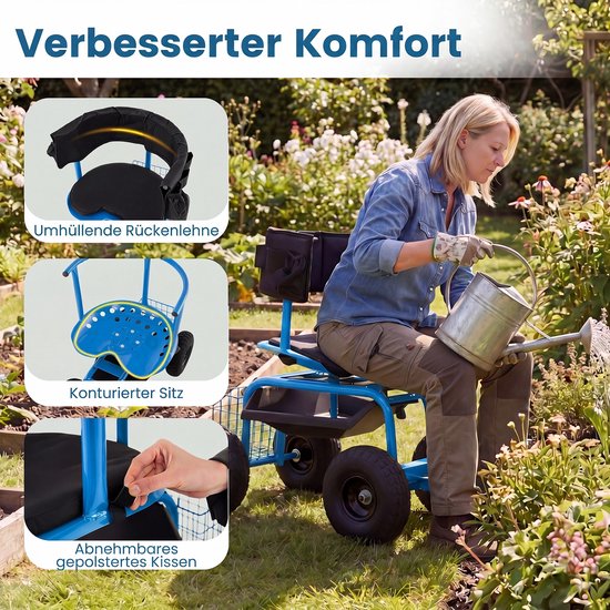 COSTWAY Tuinwagen met rolstoel en uittrekbare handgreep, mobiele tuinstoel met plank, mand, gereedschapstas en zitkussen, 360 graden draaibaar, in hoogte verstelbaar, draaibare tuinkruk tot 135 kg — afbeelding 5