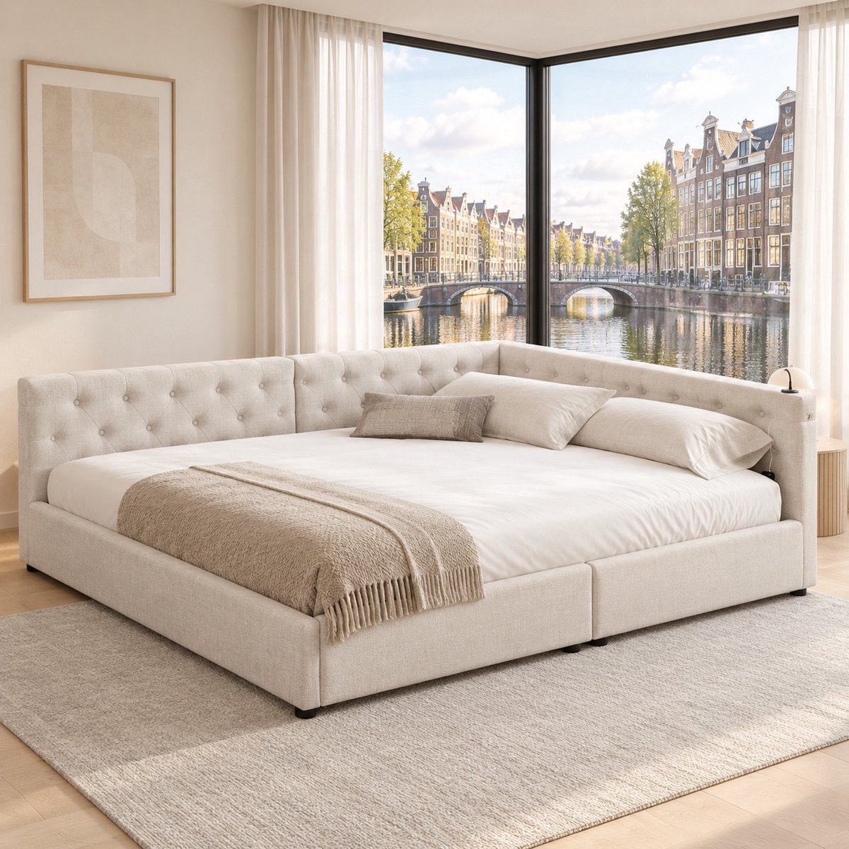 WUVRIE Slaapbank/dagbed 140x200 cm met lattenbodem, LED-verlichting, USB en Type-C, beige