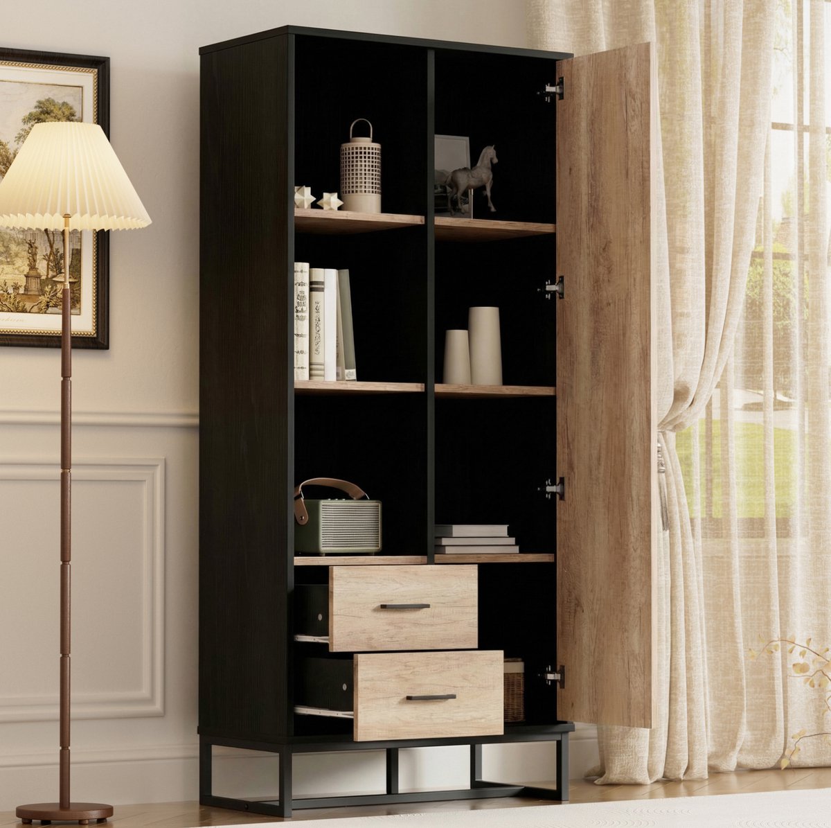 MEUNIQ Highboardkast 80 x 40 x 180 cm met 1 deur, 2 lades en 3 open vakken, zwart en houtkleur, voor woonkamer, kantoor of hal