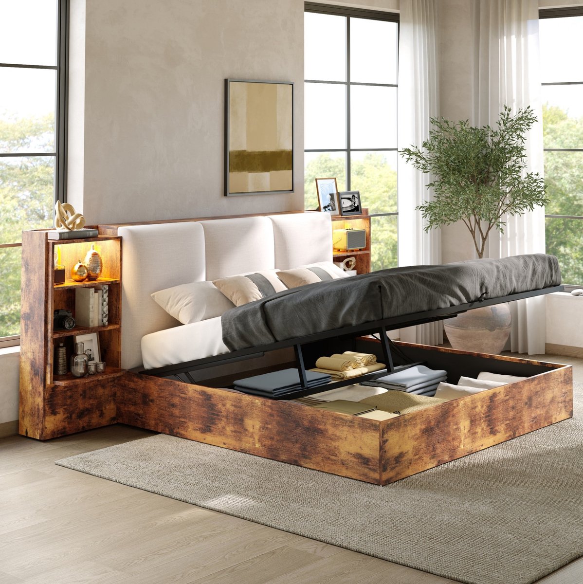 Bed – Opbergruimte met Ledverlichting – 180 x 200 cm – Mdf en Hout – Bruin – Gestoffeerd Hoofdbord