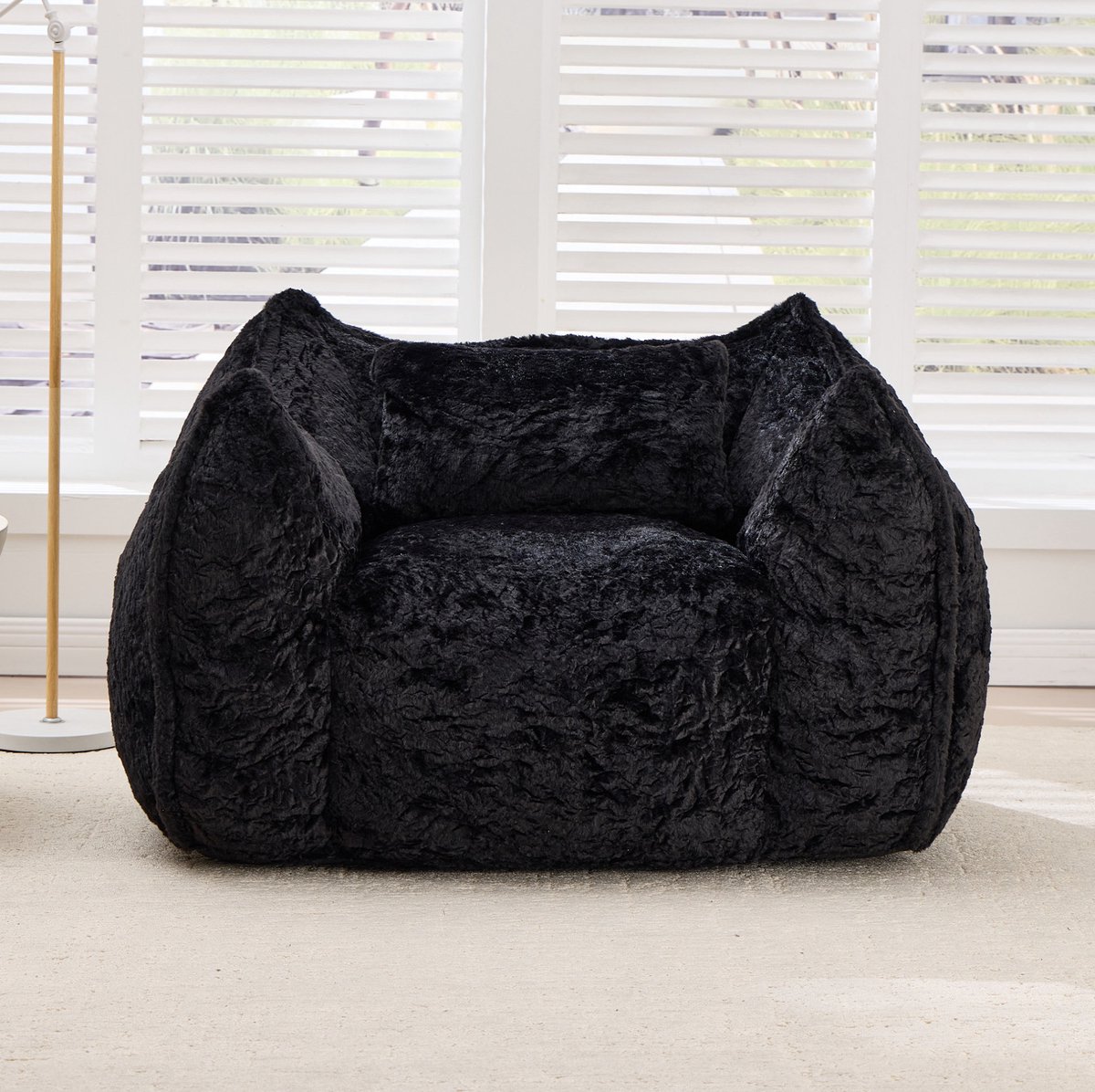 STILVORA Zitzak 123 x 97 x 73 cm - Loungestoel met Kussen en Rugleuning - Zachte Imitatiebont Bekleding - Voor Binnen - Zwart