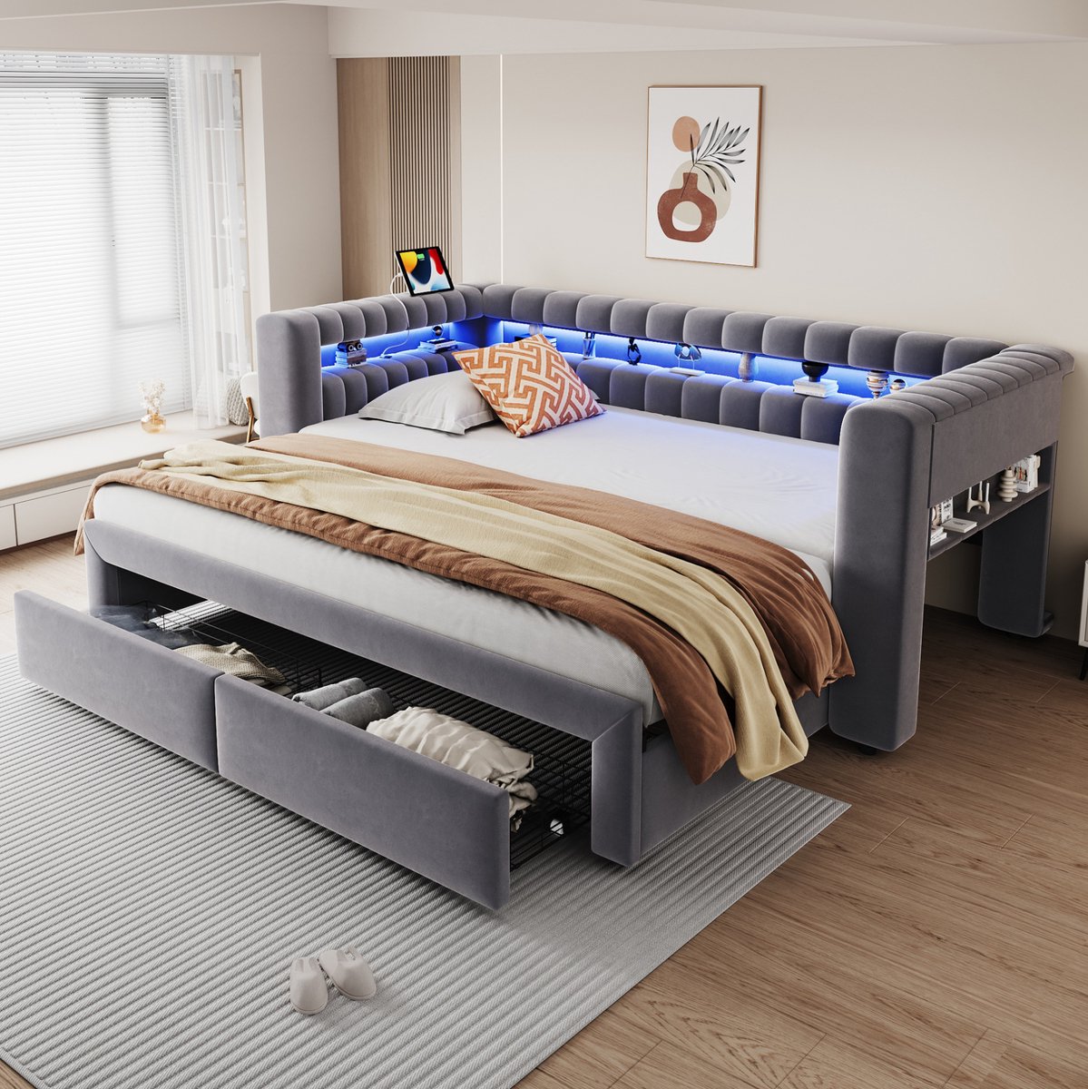 REDOM Slaapbank - Uitschuifbaar 90 x 190 naar 180 x 190 cm - Bedlades en opbergruimte - LED met USB en USB-C - Fluweel - Grijs - 210 x 109 x 80 cm