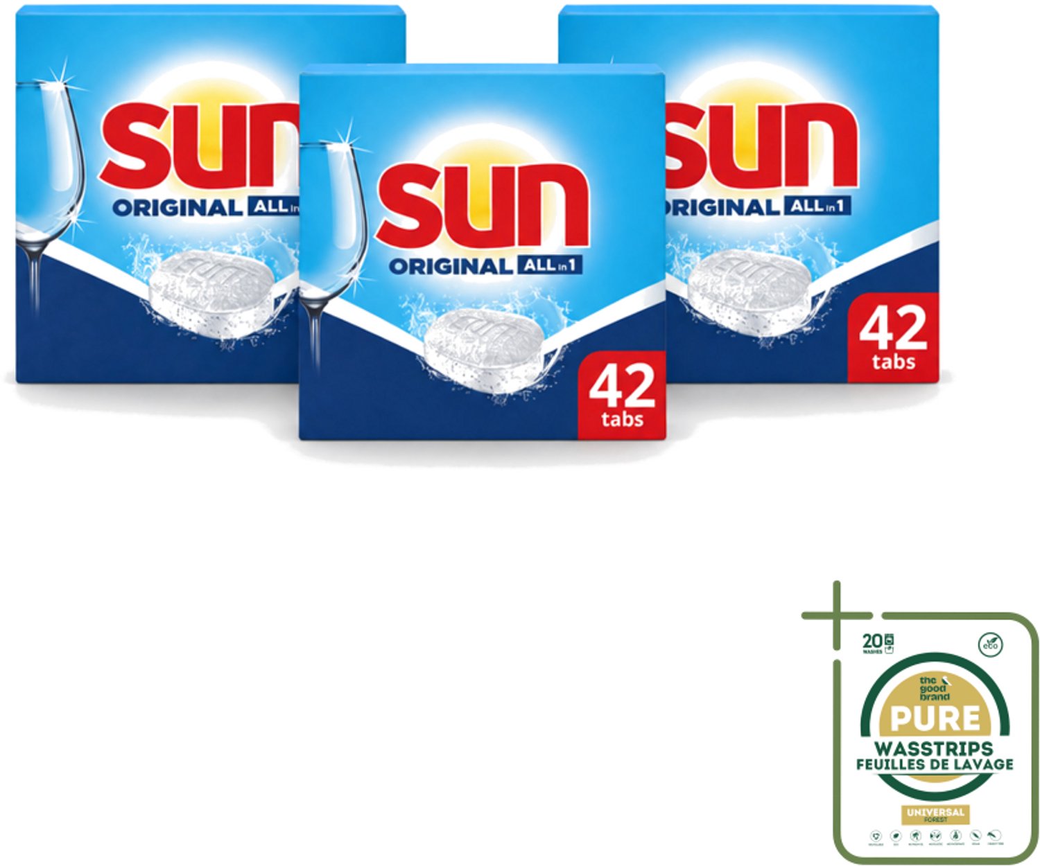 3 x Sun – Vaatwastabletten – Original – 42 tabletten - Wasstrips - Vaatwastabletten - Vaatwasser - Reiniging - Vaatwastablet - Vaatwastabletten Original