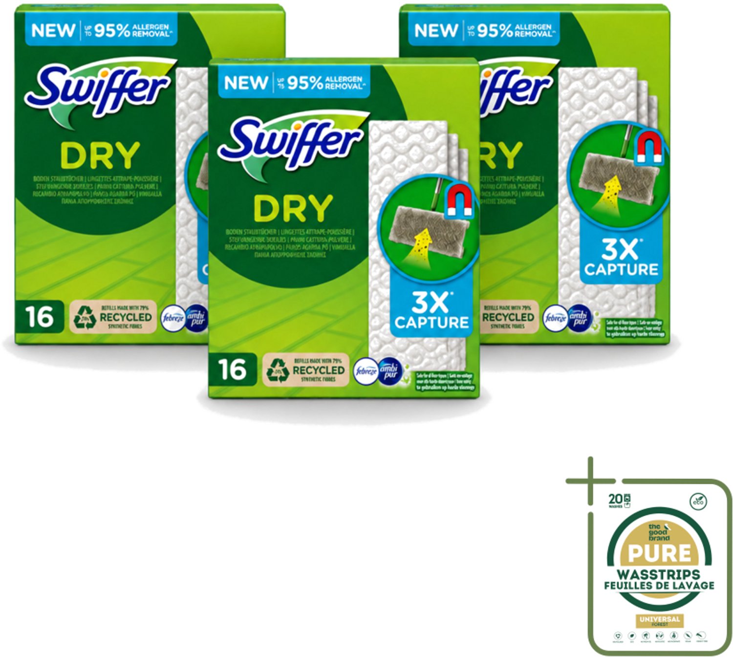 3 x Swiffer – Vloerdoekjes – Dry Navullingen – 16 doekjes - Wasstrips - Vloerreiniger - Droge Doekjes - Stofzuiger - Haren Verwijderen - Vloer Reinigen