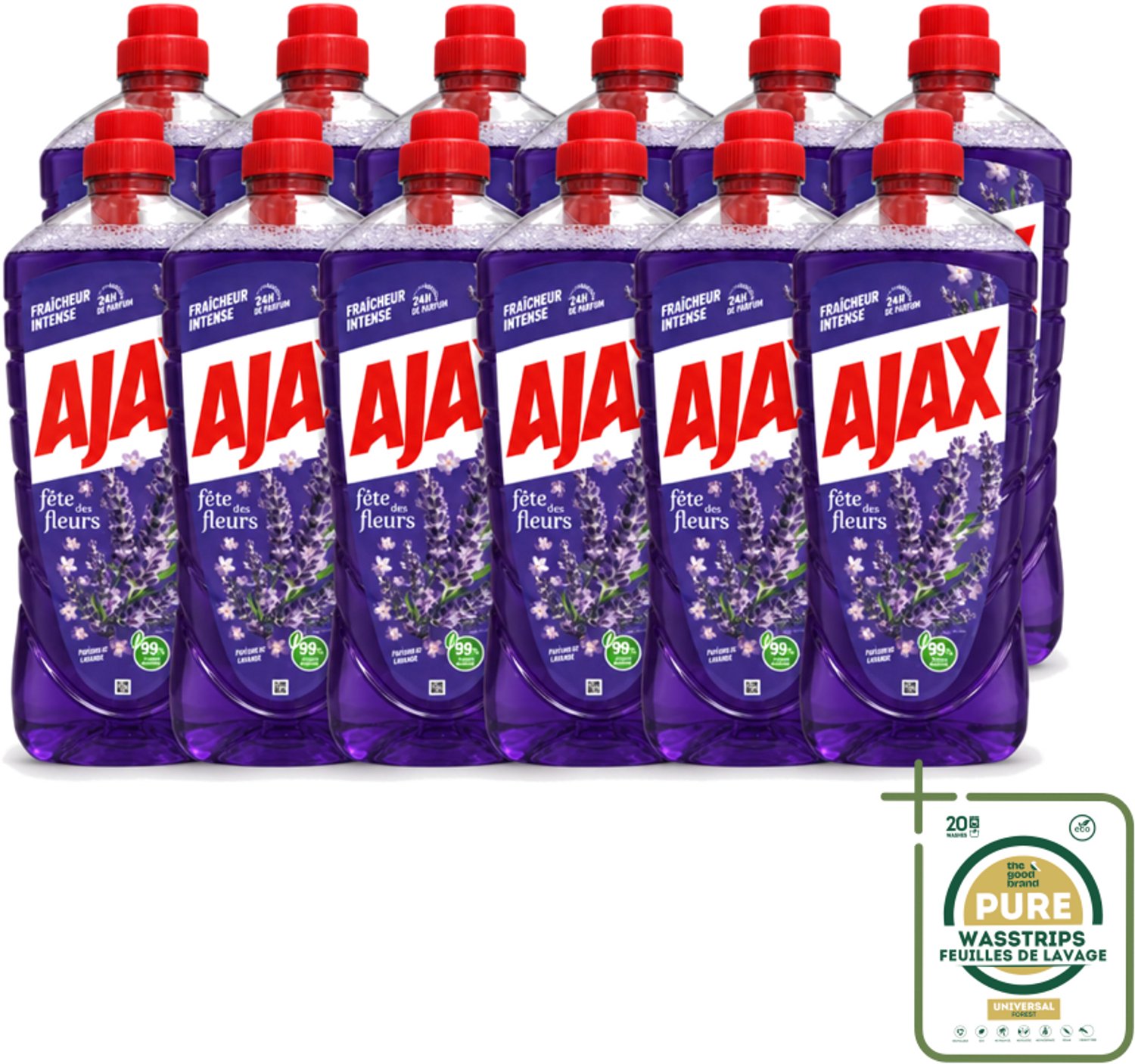 12 x Ajax – Allesreiniger – Lavendel – 1,25 L - Wasstrips - Allesreiniger Lavendel - Reiniging - Vet Verwijderen - Frisse Geur - Rustgevende Geur