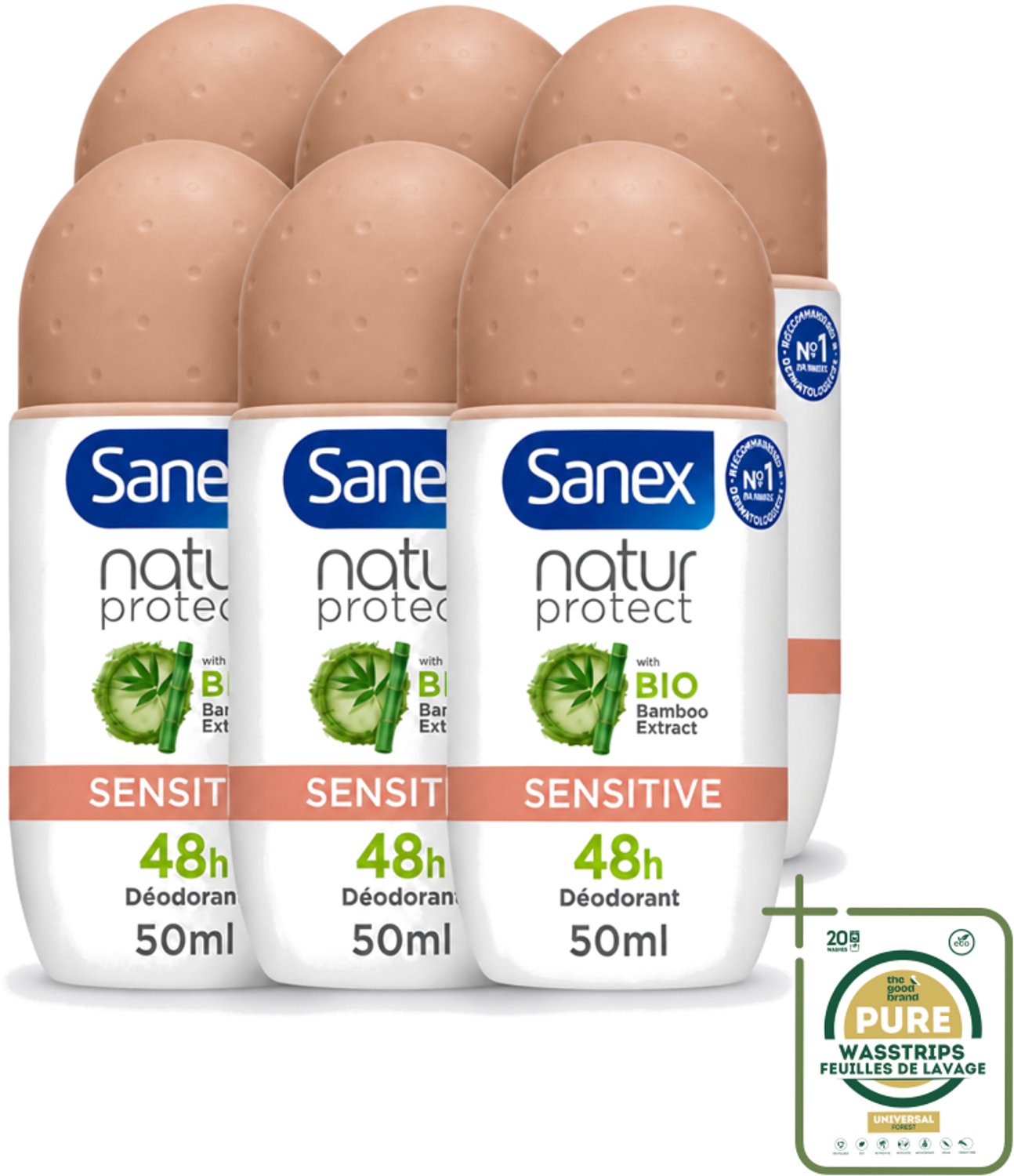 6 x Sanex – Deodorant Roll-On – Natur Protect Sensitive – 50 ml - Wasstrips - Gevoelige Huid - Deodorant Roll-on - Natuurlijke Bescherming - Milde Deodorant - Frisheid