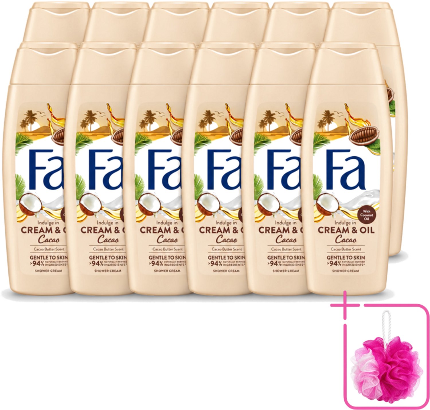 12 x Fa - Cream & Oil Cacao - Douchecrème - Cacaoboter Met Kokosolie - 250 ml - Bulkverpakking - Douchecrème - Douchemop - Cacaoboter