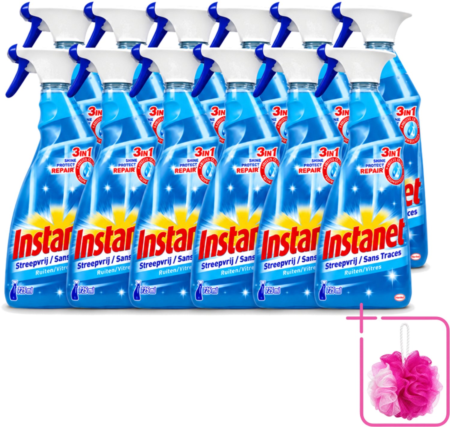 12 x Instanet - Ruitenreiniger - Streepvrij - 3in1 Spray - 725 ml - Bulkverpakking - Ruitenreiniger - Douchemop - Streepvrije ruiten