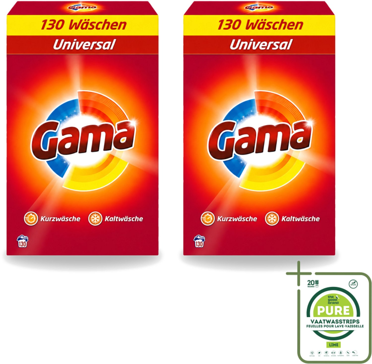 2 x Gama - 3-in-1 Waspoeder - Universal - Voor Alle Kleuren - 130 Wasbeurten - Grootverpakking - Vaatwasstrips - Waspoeder - Wasbeurten - Wasmachine - Kleurenbeschermer - Vlekkenverwijderer