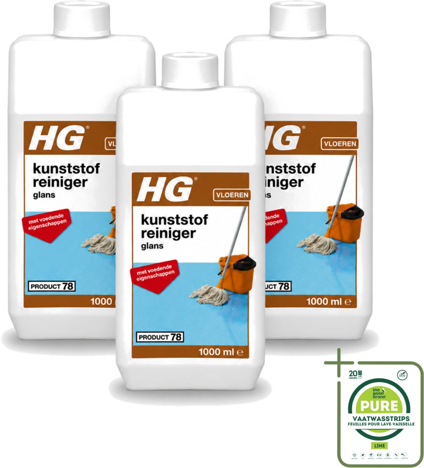 3 x HG - Kunststofreiniger Glans - Met Voedende Eigenschappen - 20 Dweilbeurten - 1L - Grootverpakking - Vaatwasstrips - Kunststof Reiniger - Glans Reiniger - Kunststof Vloer Reiniger - Voedende Reiniger - Kunststof Vloer Herstellen