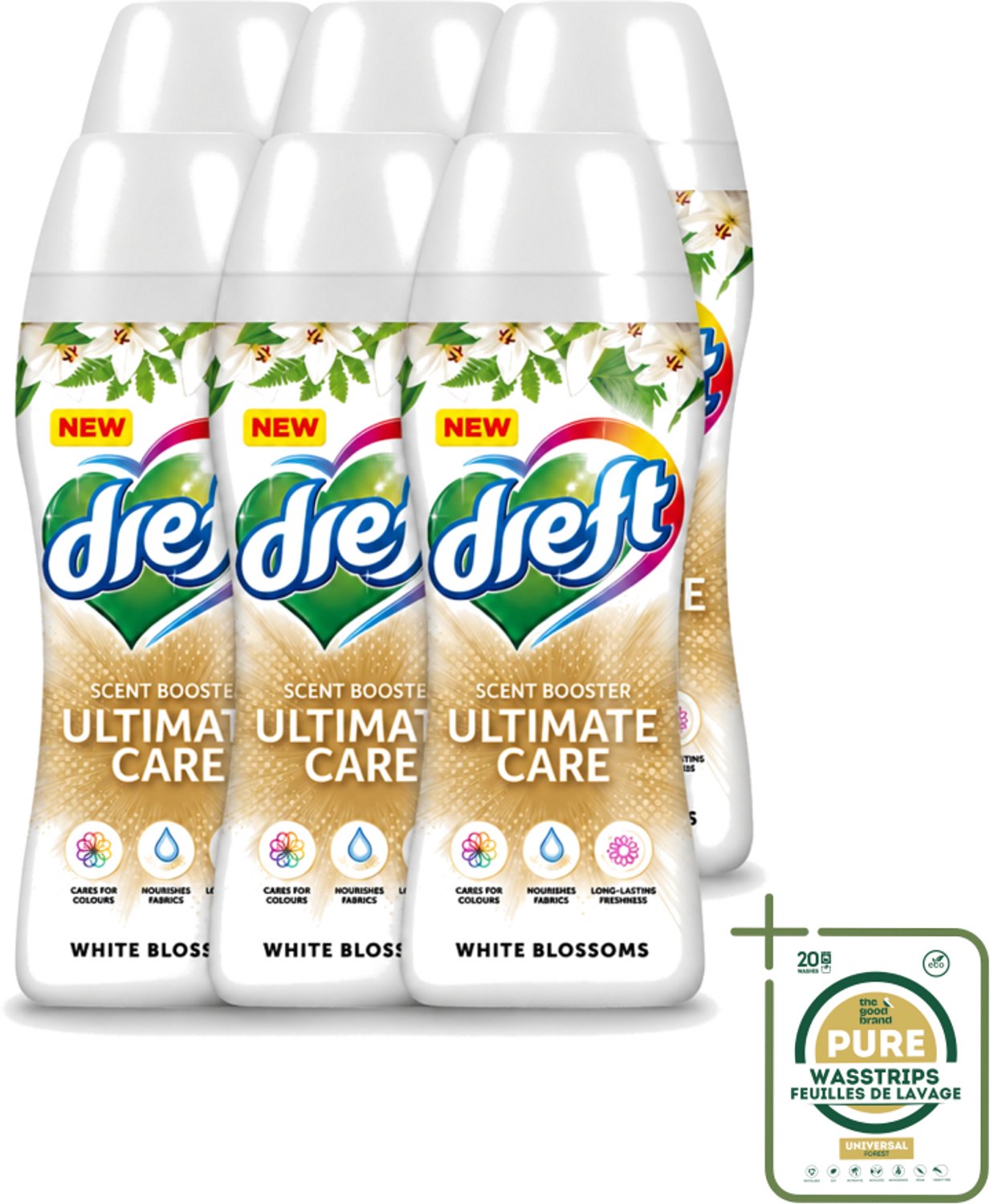 6 x Dreft - Ultimate Care - Wasverzachter - Geurbooster - Gekleurde Was - Witte Bloem - 15 Wasbeurten - Wasstrips - Wasmiddel - Geurbooster - Kleurbescherming - Wasverzachter - Vezelverzorging
