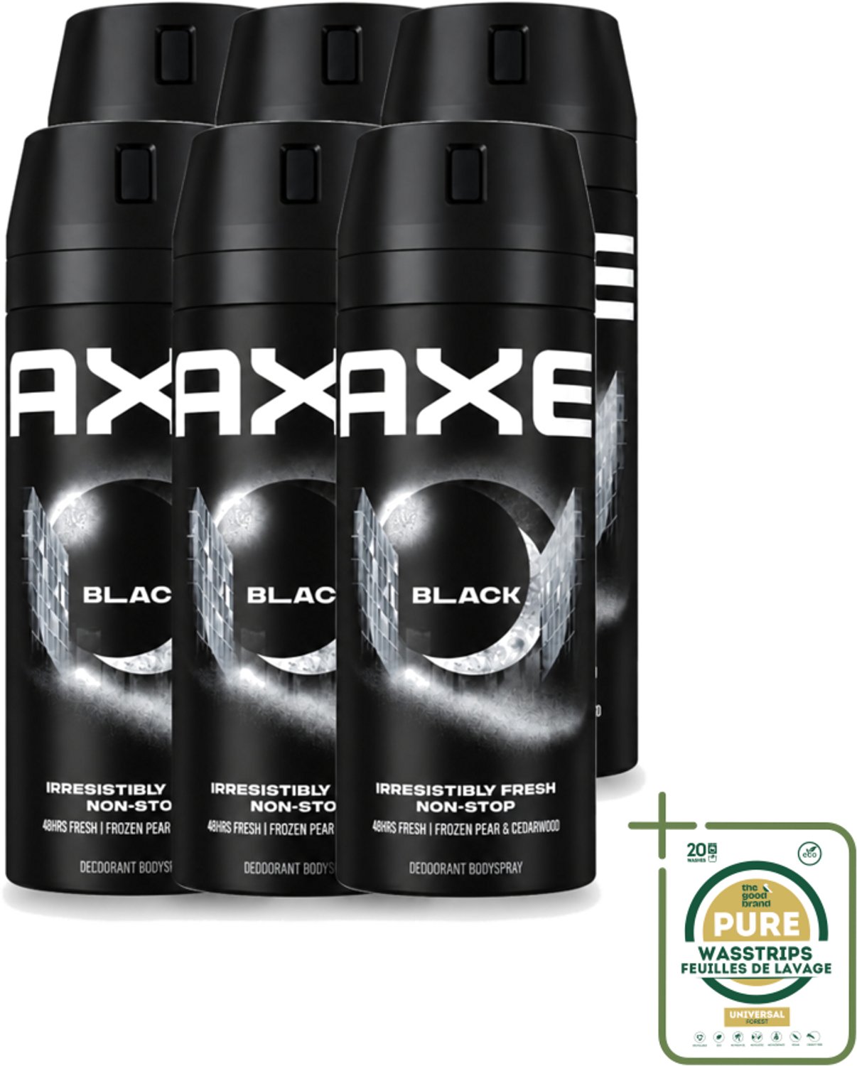 6 x Axe - Deodorant Bodyspray - 48hrs Fresh - Black - Frozen Pear & Cedarwoord - 150 ml - Wasstrips - 48 Uur Bescherming - Deodorant Spray - Bevroren Peer - Cedarwood - Aluminiumvrije Deodorant