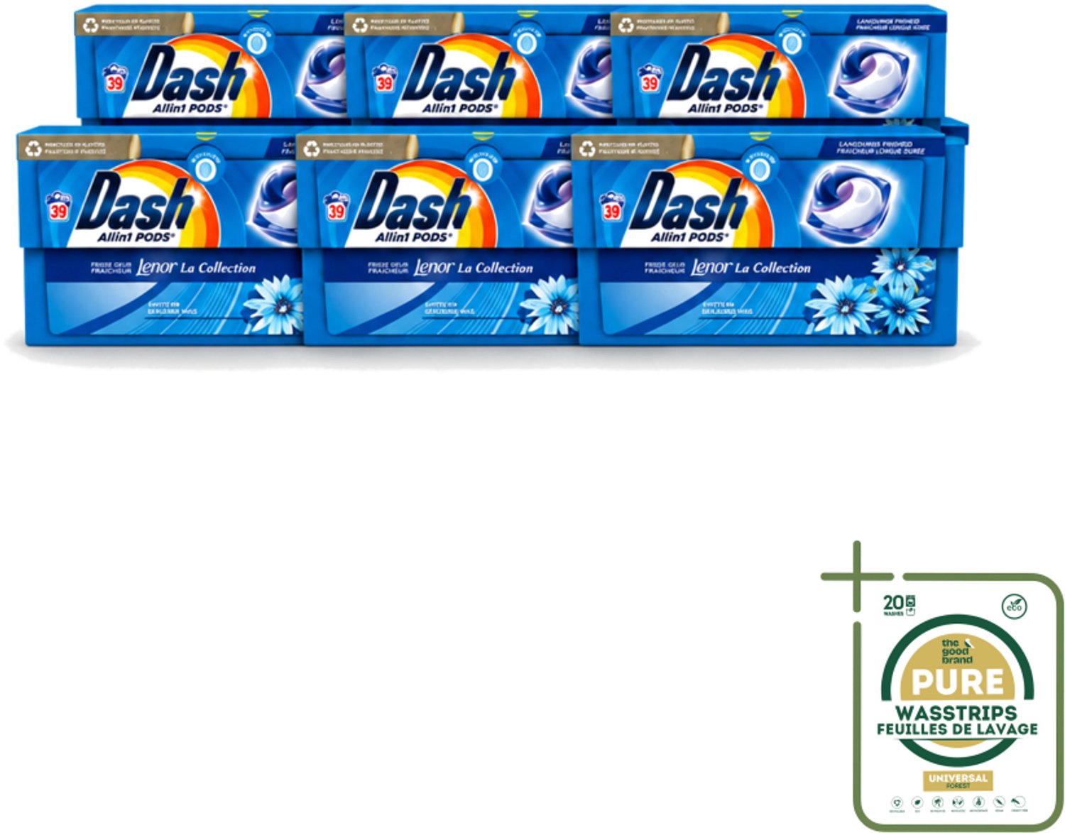 6 x Dash - Lenor Collectie - Wasmiddel Capsules - All-in-1 Pods - Witte en Gekleurde Was - 39 Wasbeurten - Wasstrips - Wasmiddel Capsules - Frisheid - Zeebries Geur - Wasmachine - Wasbeurten