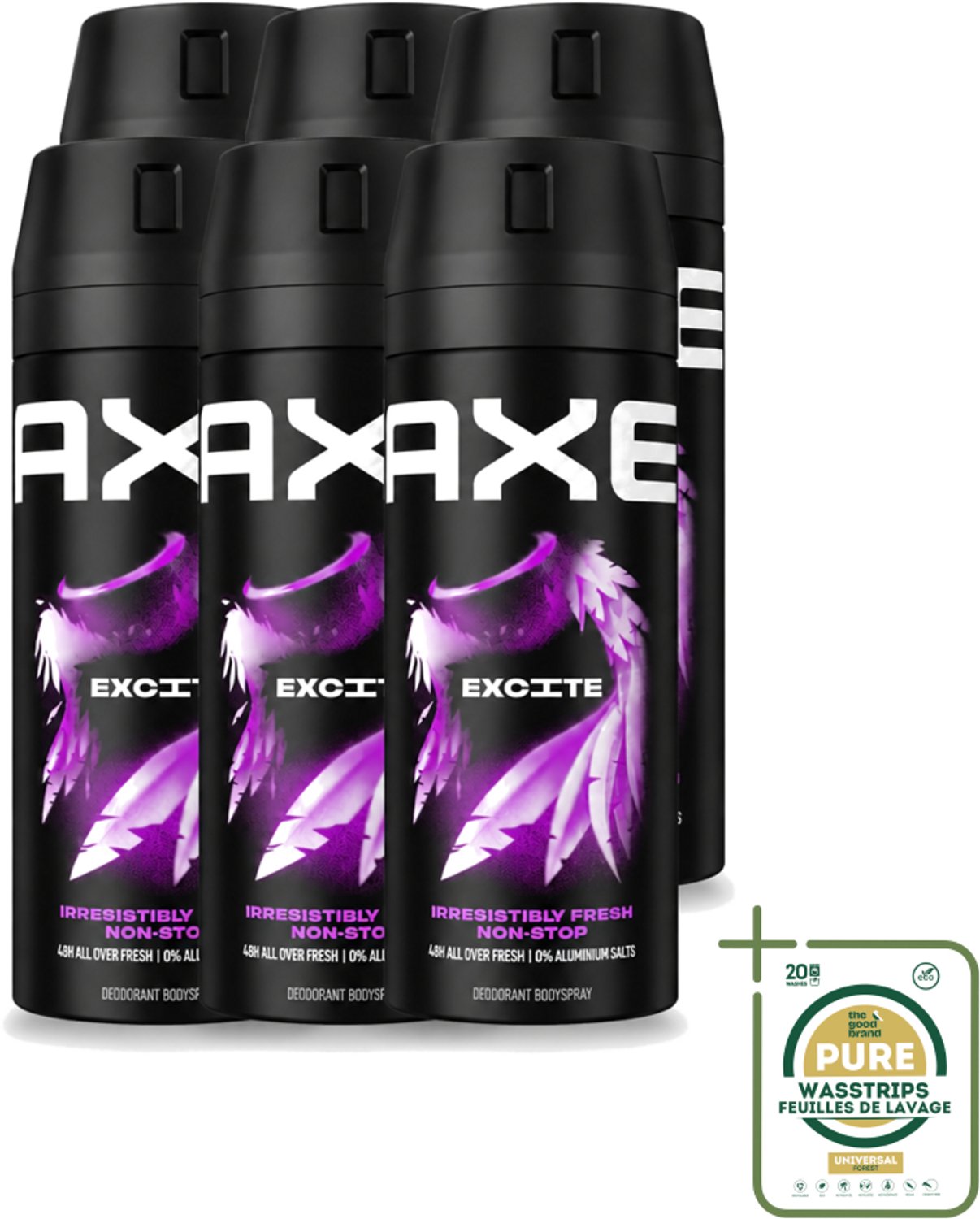 6 x Axe - Deodorant Bodyspray - 48hrs Fresh - Excite - Crisp Coconut & Black Pepper - 150 ml - Wasstrips - Deodorant - Lichaamsgeur - Frisheid - Kokosnoot - Zwarte Peper