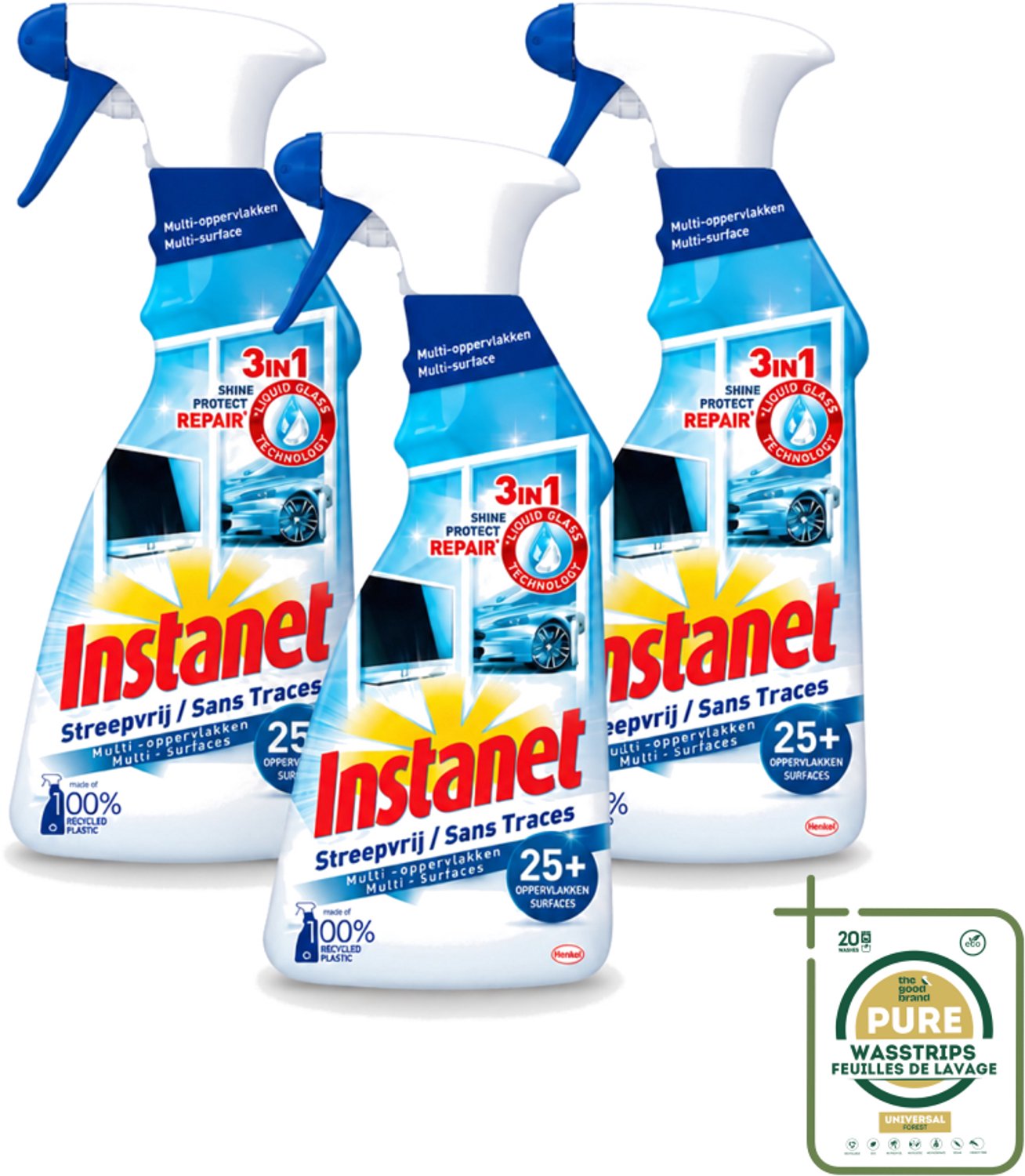 3 x Instanet - Schoonmaakspray - Streepvrij - 3 in 1 - Multi-Oppervlakken - 725 ml - Wasstrips - Schoonmaak Spray - Glas Reinigen - Streepvrije Reiniger - Tv Scherm Reinigen - Spiegel Reinigen