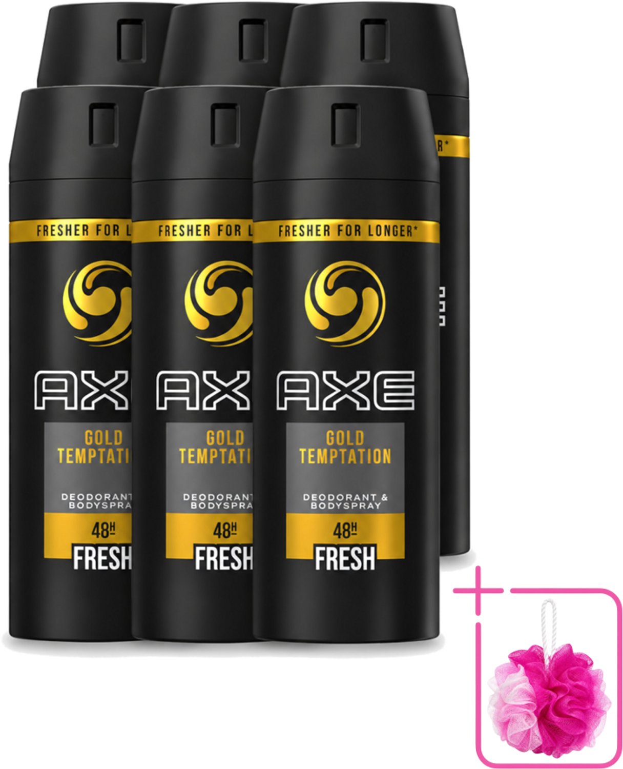 6 x Axe - Deodorant Bodyspray - 48hrs Fresh - Gold Temptation - 150 ml - Bulkverpakking - 48 uur bescherming - Douchemop - Zweetvermindering