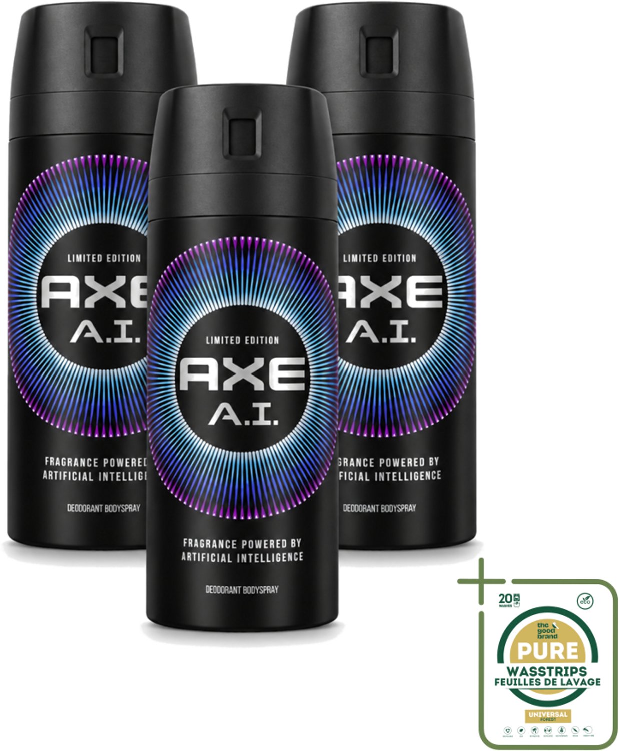 3 x Axe - Limited Edition - Deodorant Bodyspray - A.I. - 150 ml - Wasstrips - Axe A.I. Bodyspray - Deodorant Bodyspray - Geur - Geurbestrijding - Bergamot