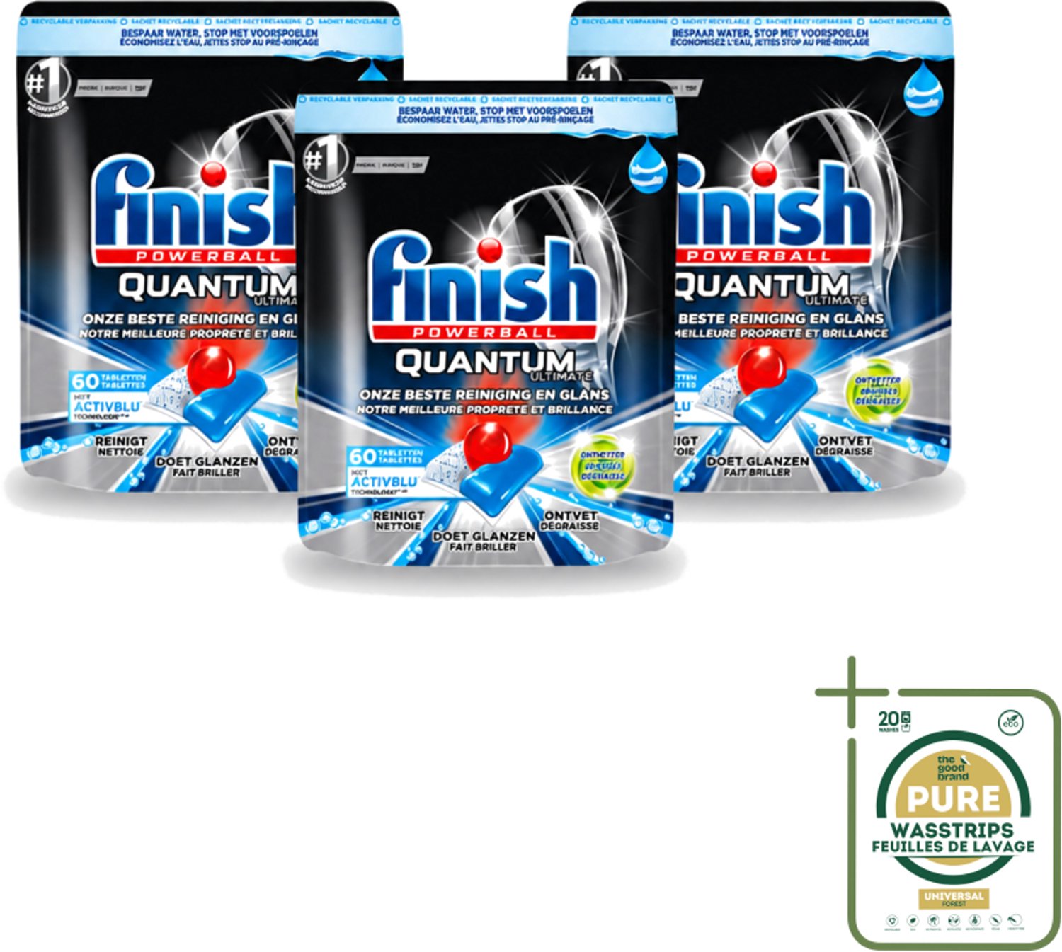 3 x Finish Powerball - Quantum Ultimate - Vaatwastabletten - Ontvetter - 60 Tabletten - Wasstrips - Vaatwasmiddel - Vaatwastablet - Ontvetter - Vaat Reinigen - Vaatwasser