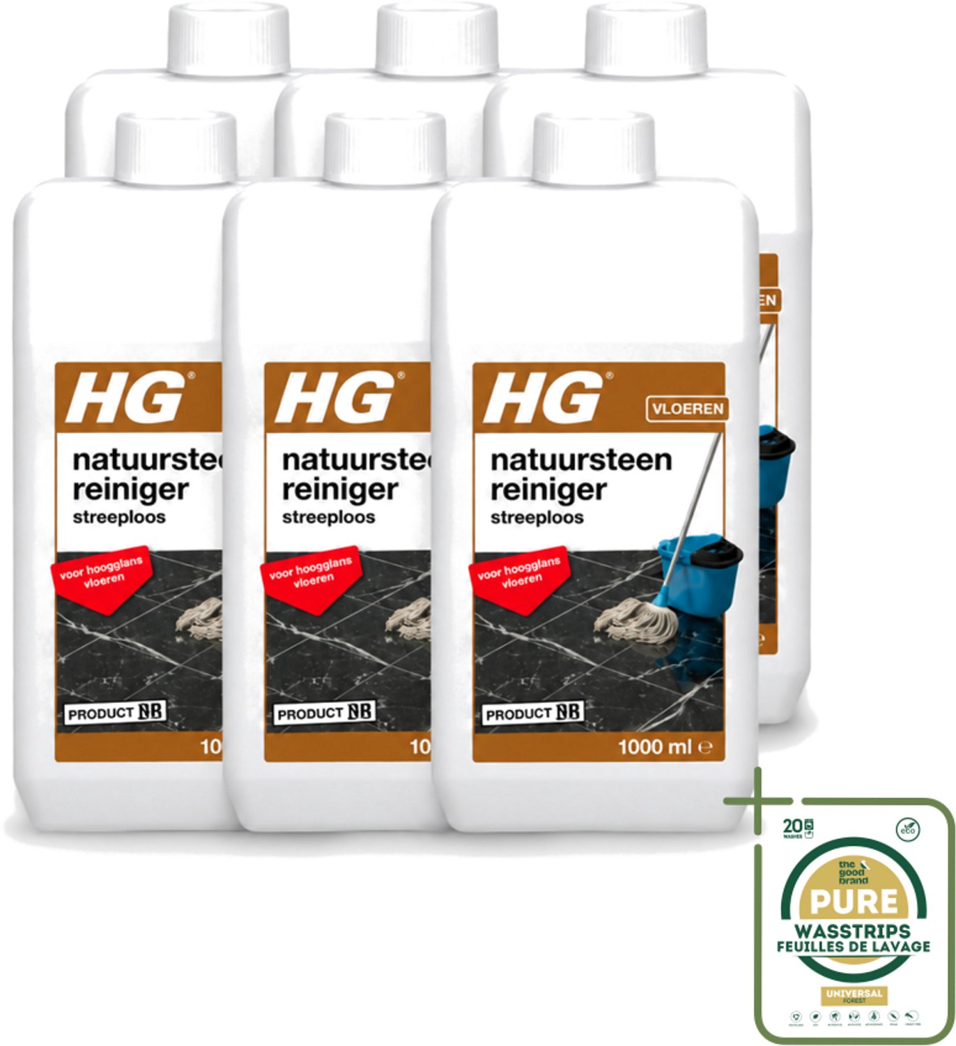 6 x HG - Natuursteenreiniger Streeploos - Voor Hoogglans Vloeren - 20 Dweilbeurten - 1L - Wasstrips - Natuursteen Reinigen - Hoogglans Vloeren Reinigen - Streeploze Reiniger - Natuursteen Vloer Reinigen - Marmer Reinigen