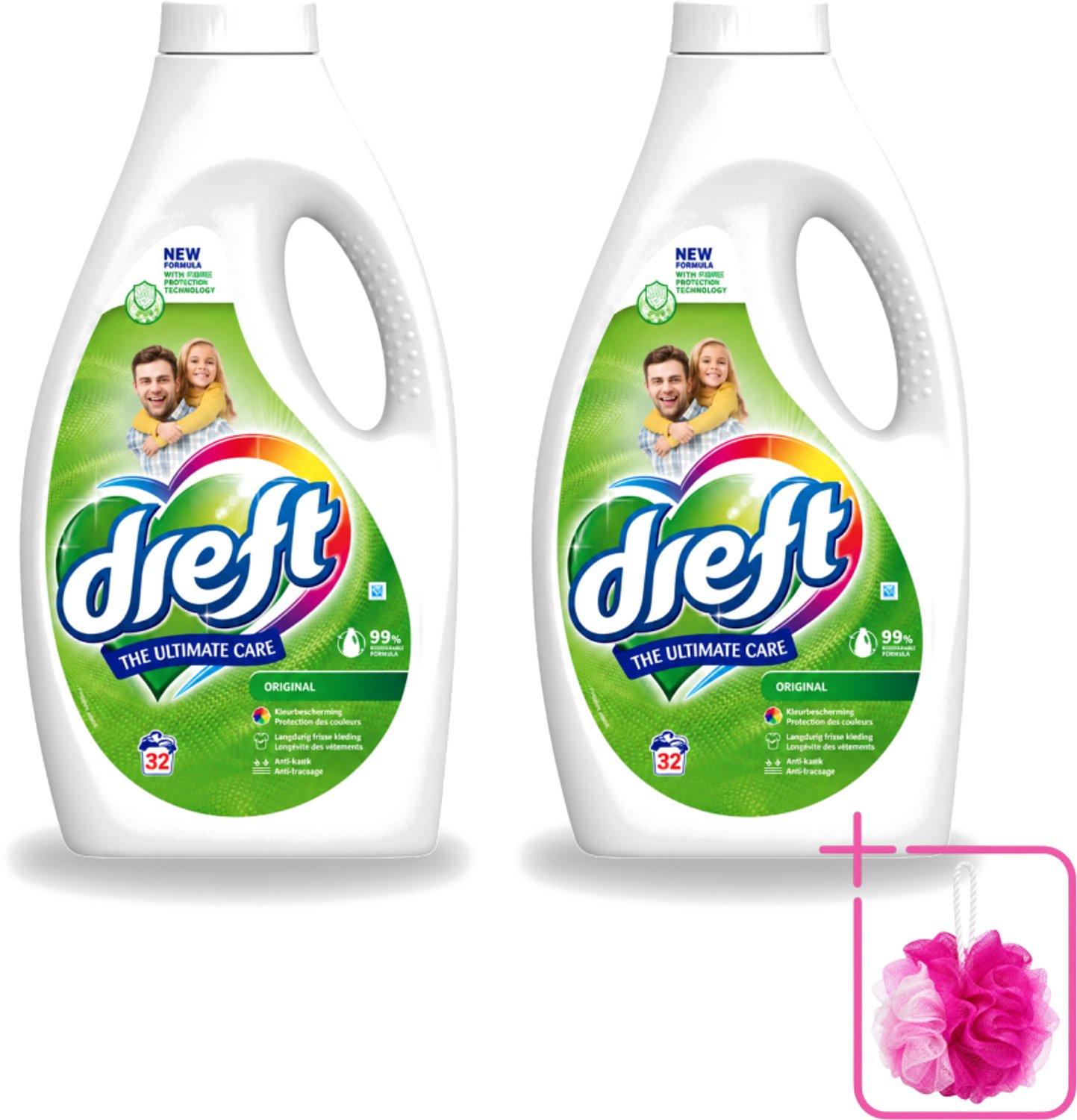 2 x Dreft - Ultimate Care - Vloeibaar Wasmiddel - Gekleurde Was - Original - 32 Wasbeurten - Bulkverpakking - Kleurbeveiliging - Douchemop - Vloeibaar wasmiddel