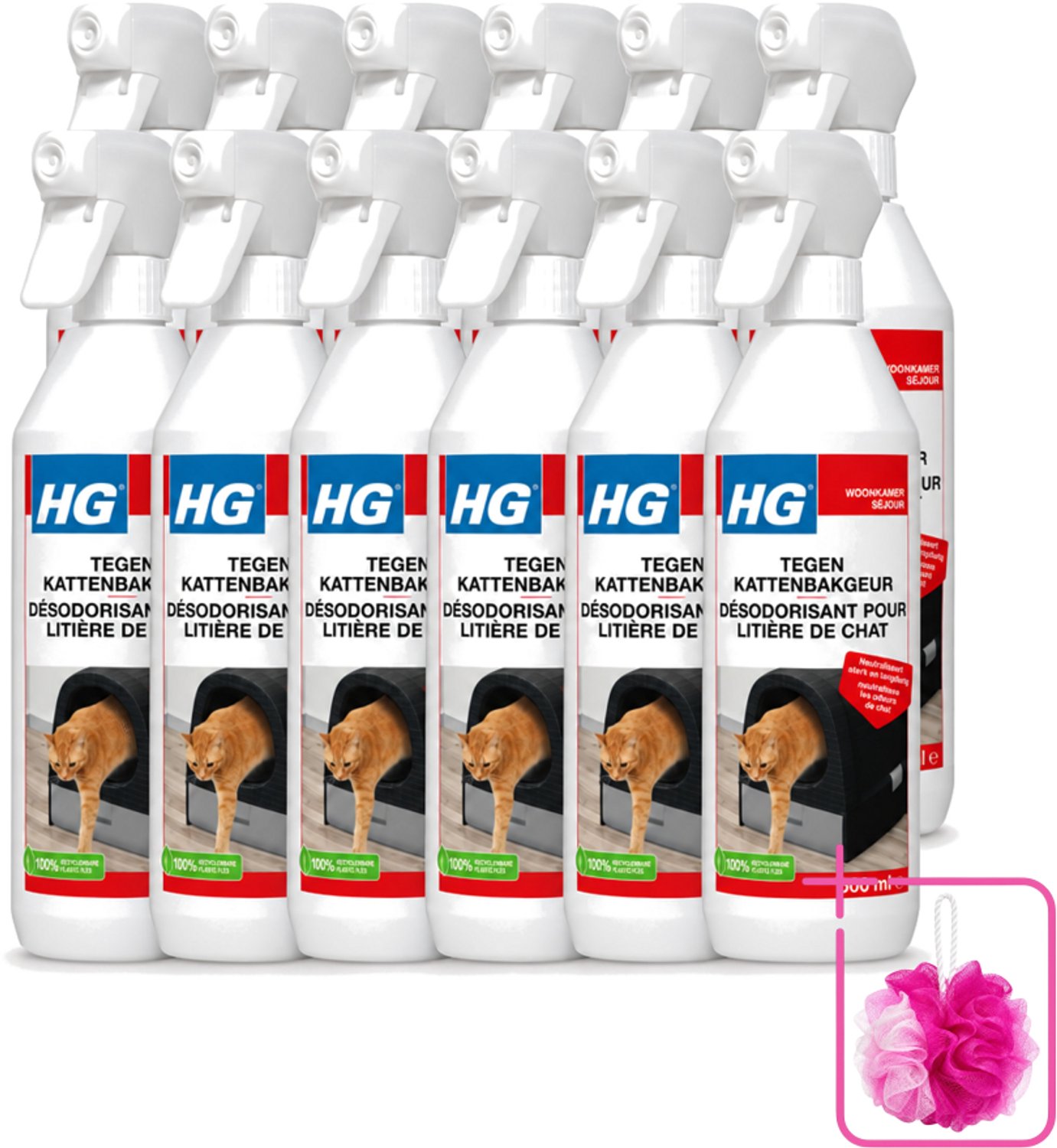 12 x HG - Tegen Kattenbakgeur - Neutraliseert Geuren - 500 ml - Bulkverpakking - Kattenbakgeur neutraliseren - Douchemop - Kattenbak stank weg
