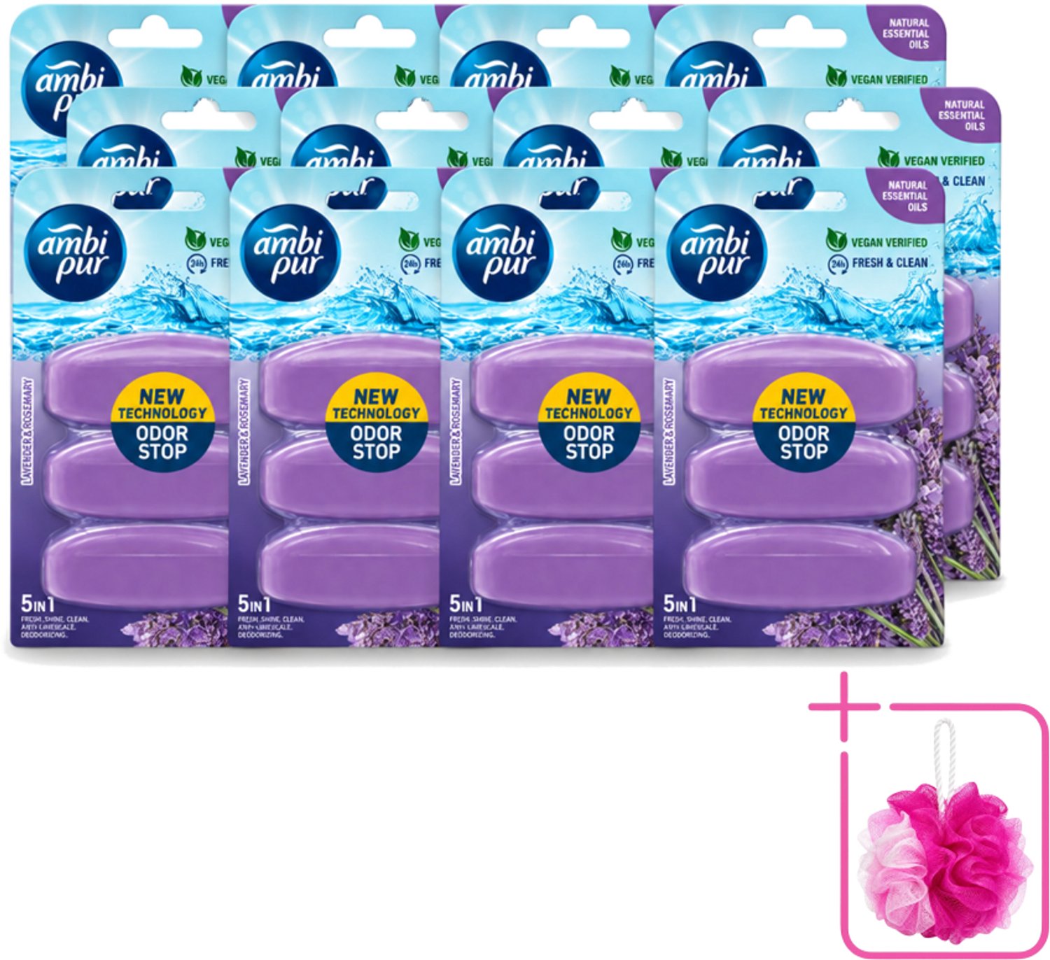 12 x Ambi Pur - Navulling Toiletblok - Lavendel & Rozemarijn - 3 Blokken - Bulkverpakking - Toiletblok navulling - Douchemop - Reinigingsvulling