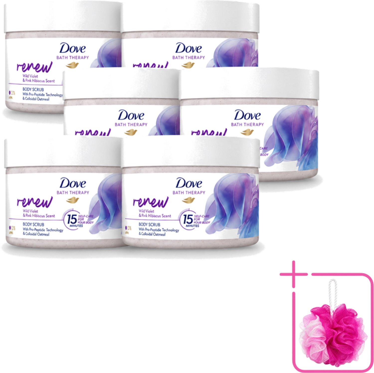 6 x Dove Bath Therapy Renew - Bodyscrub - Wilde Viooltjes & Roze Hibiscus - 295 ml - Bulkverpakking - Huidvernieuwing - Douchemop - Huidscrub