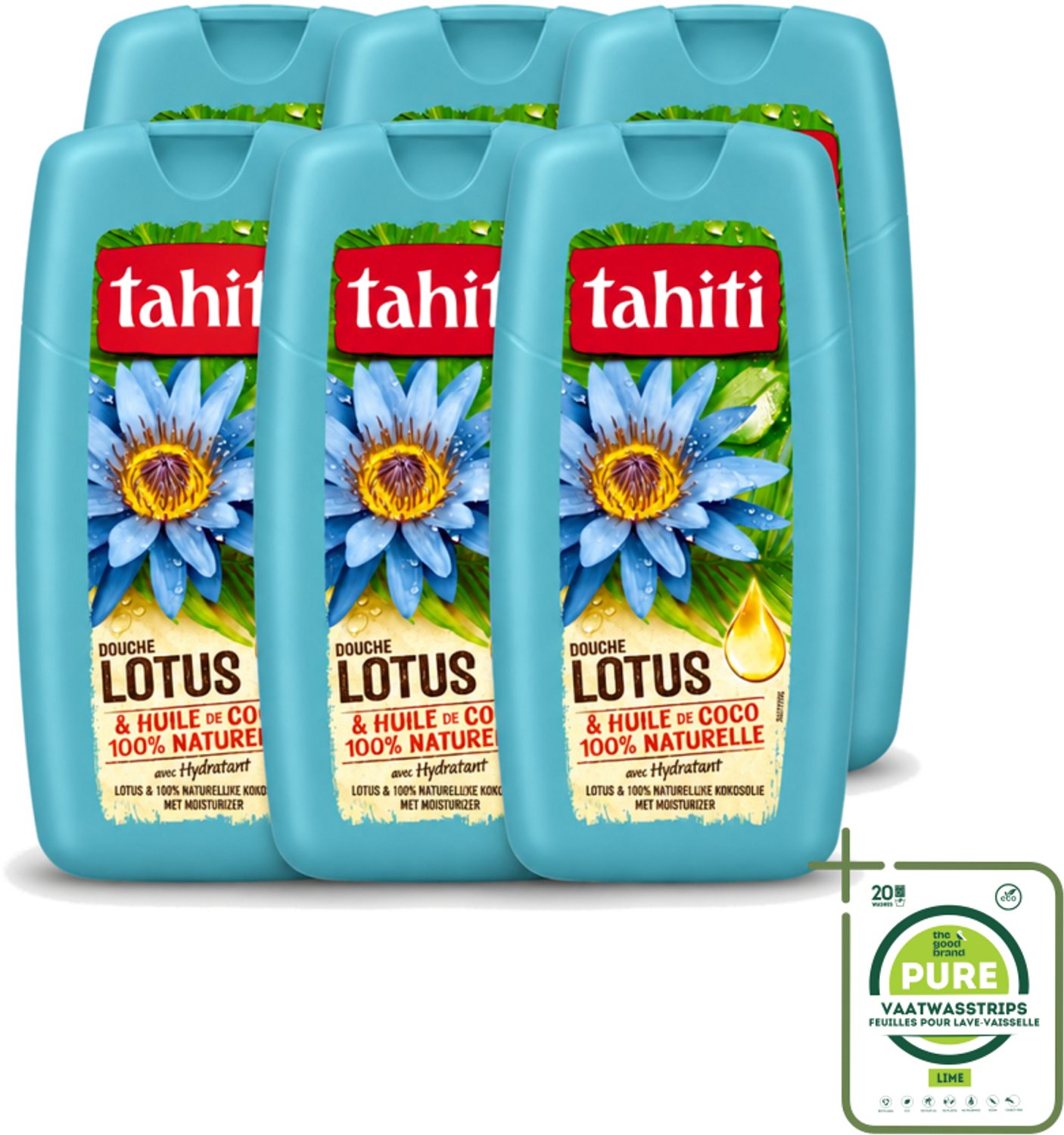6 x Tahiti - Douchegel - Lotus & Kokosolie - Hydraterend - 250 ml - Grootverpakking - Vaatwasstrips - Douchegel - Kokosolie - Lotus - Hydraterende Douchegel - Huid Verzorging