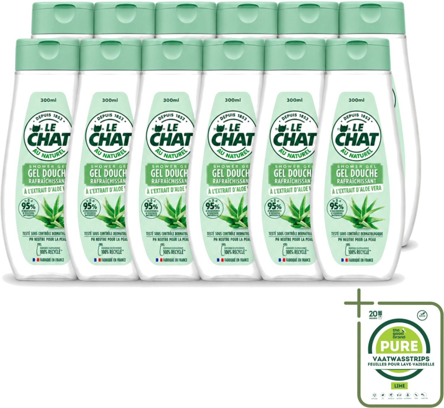 12 x Le Chat - Douchegel - PH Neutraal - Met Extract Van Aloë Vera - Verfrissend - 300 ml - Grootverpakking - Vaatwasstrips - Douchegel Aloë Vera - Frisheid Huid - PH Neutraal - Huidverzorging - Dagelijks Gebruik