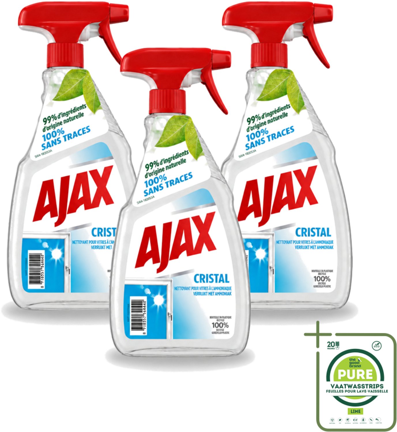 3 x Ajax - Ruitenreiniger - Cristal - Spray Met Ammoniak - 750 ml - Grootverpakking - Vaatwasstrips - Ruitenreiniger - Ammoniak - Streeploos - Ruiten Reinigen - Glans