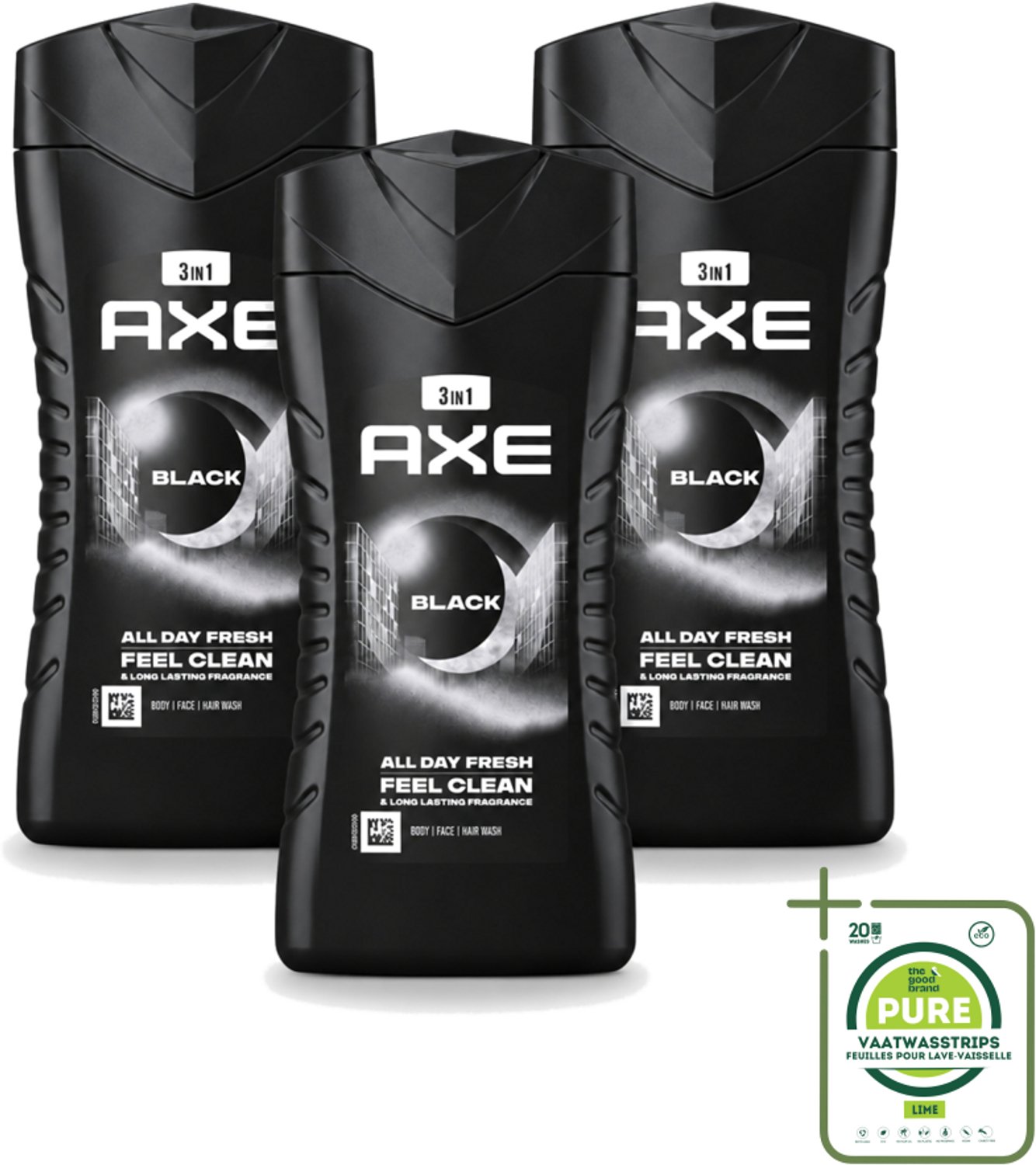 3 x Axe - 3-in-1 Douchegel - Black - Frozen Pear & Cedarwoord - 12hrs Long Lasting Scent - 250 ml - Grootverpakking - Vaatwasstrips - Douchegel - Lichaam - Gezicht - Haar - Frisheid