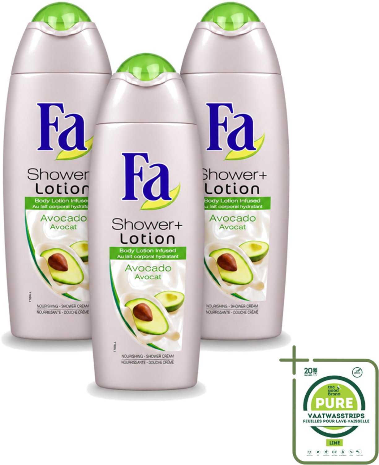 3 x Fa - Douchecrème Met Lotion - Avocado - 250 ml - Grootverpakking - Vaatwasstrips - Douchecrème - Bodylotion - Avocado Geur - Hydratatie - Huid Verzorging