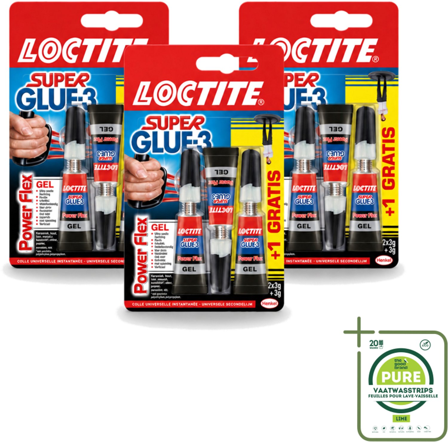 3 x Loctite - Secondelijm - Power Flex - 3 Lijmtubes - Grootverpakking - Vaatwasstrips - Secondelijm - Power Flex - Lijm - Hechting - Rubber